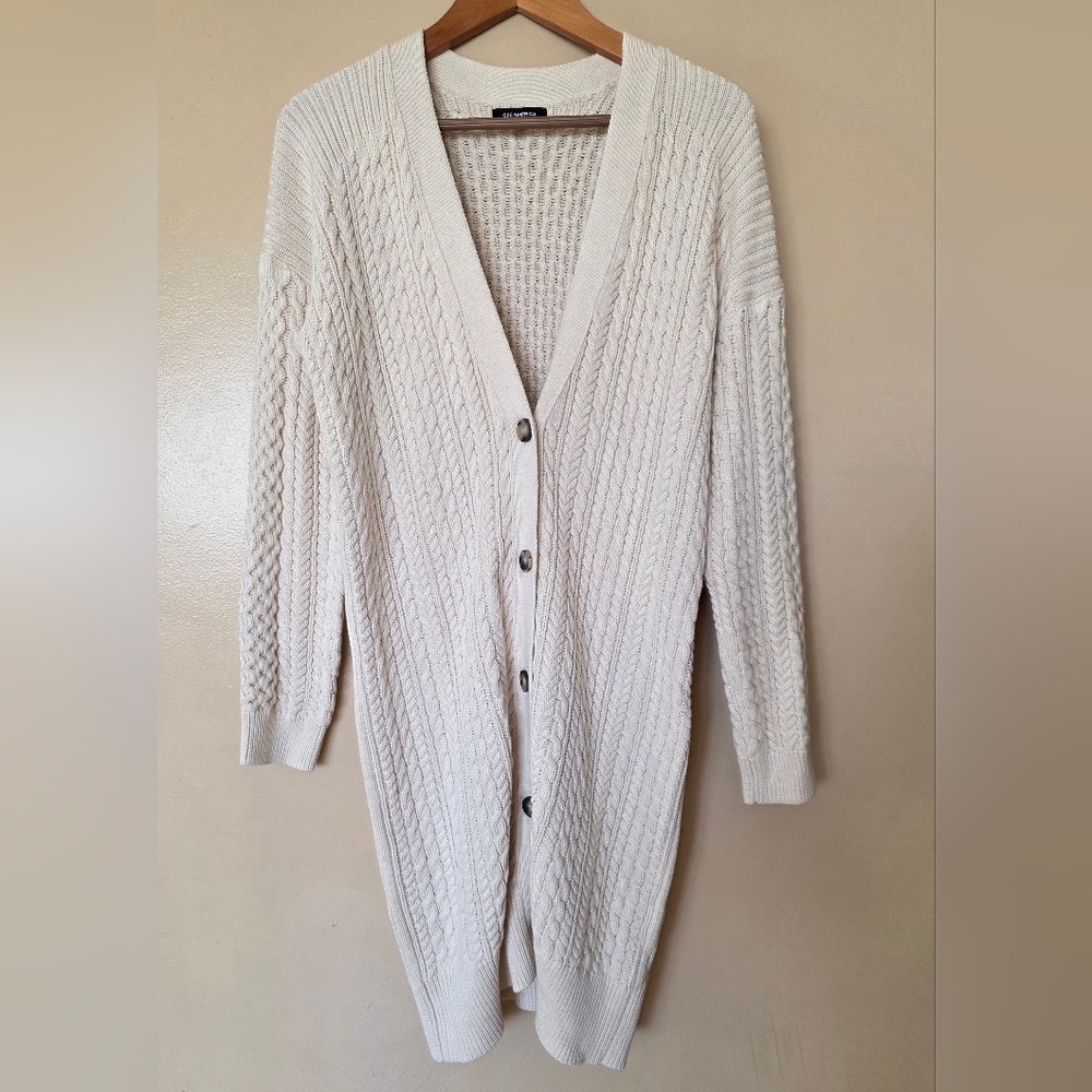525 America Cream Cable Knit Longline Cardigan Sweater M Cotton Classic Heritage